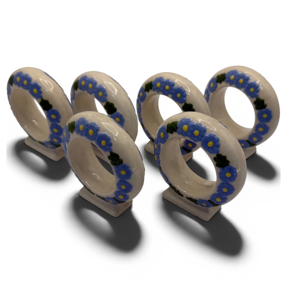 Handmade Ceramic Napkin Rings Set of 6 Blue Floral 1976 Vintage Table Decor